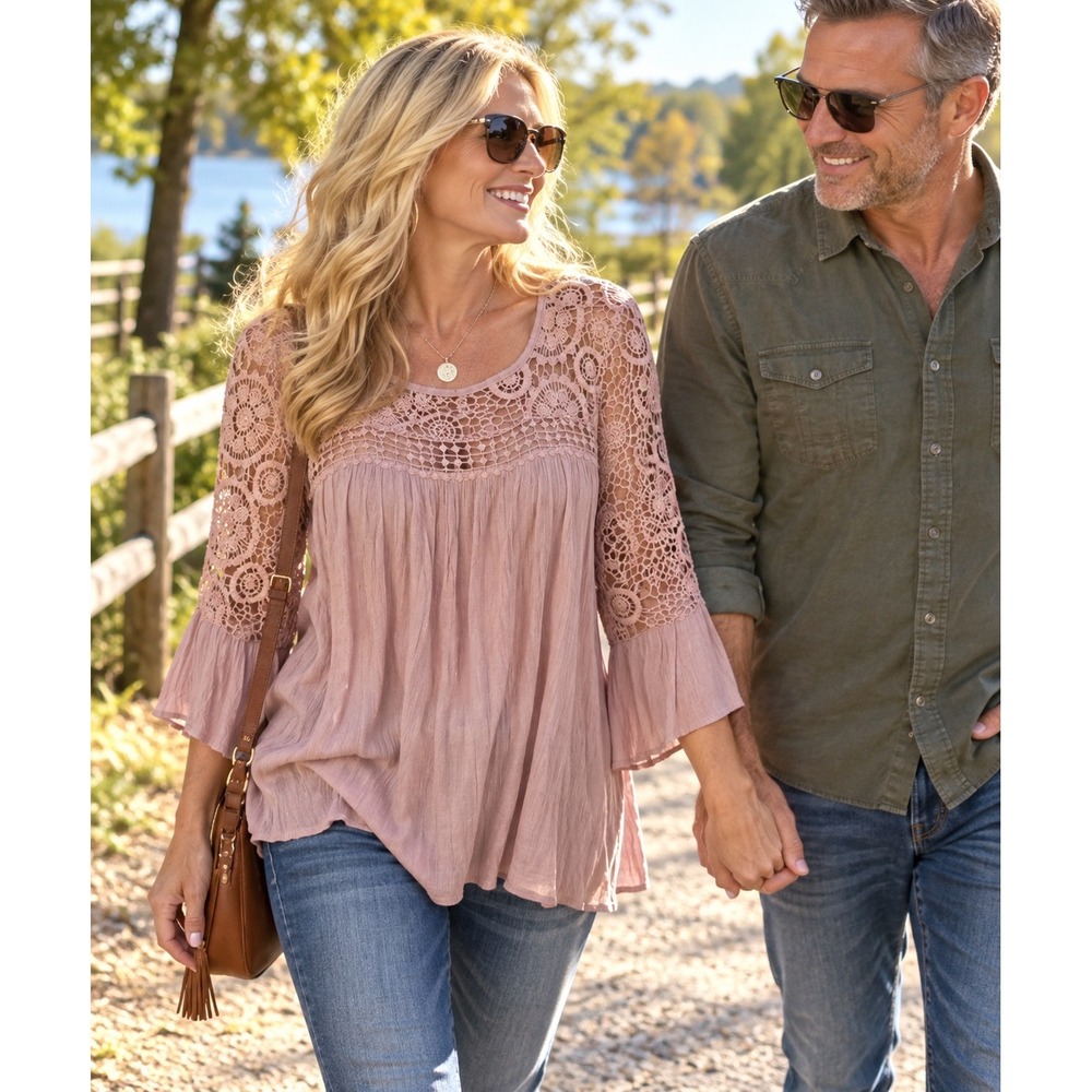 Band Crush Top Mauve Dusty Rose Crochet Lace Boho Peasant Blouse Bell Sleeve L